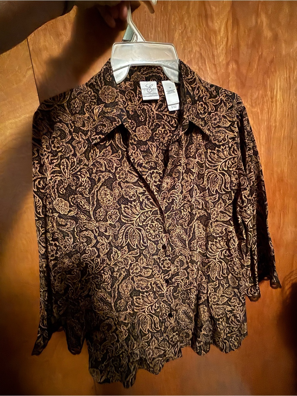 Womens Brown Paisley Button-Up 3/4 sleeve blouse